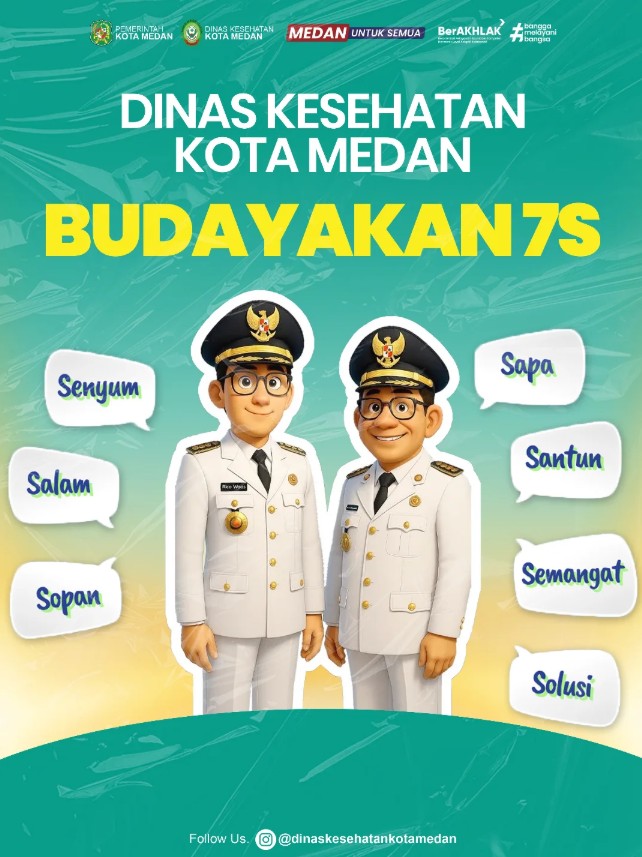Dinas Kesehatan Kota Medan mengajak seluruh masyarakat untuk membiasakan diri dengan budaya 7S, sebagai wujud sikap positif dalam melayani dan berinteraksi sehari-hari.